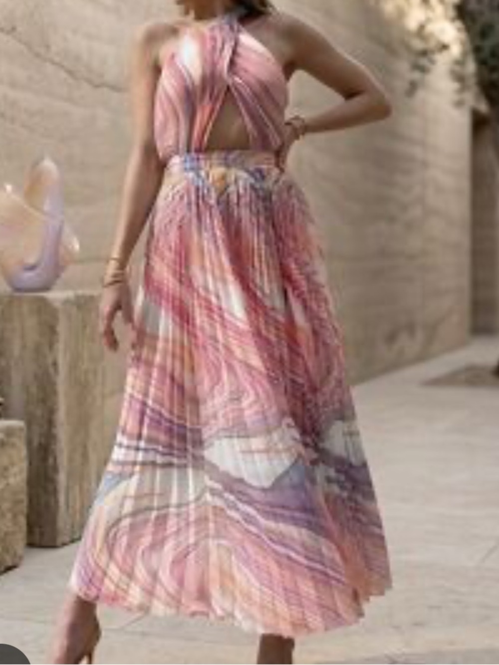 NWT Rococo Sand Eira Maxi Dress Peach Lilac Chiffon Open Back Pleated XS